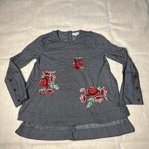 Velzera striped blouse with red & pink floral embroidery